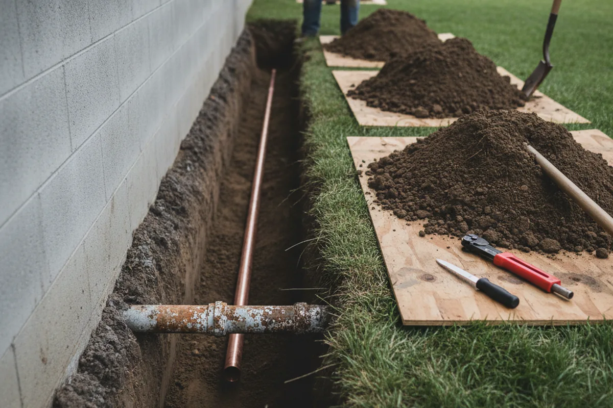Excavated water line trench during Water Softener Installation in Smilax